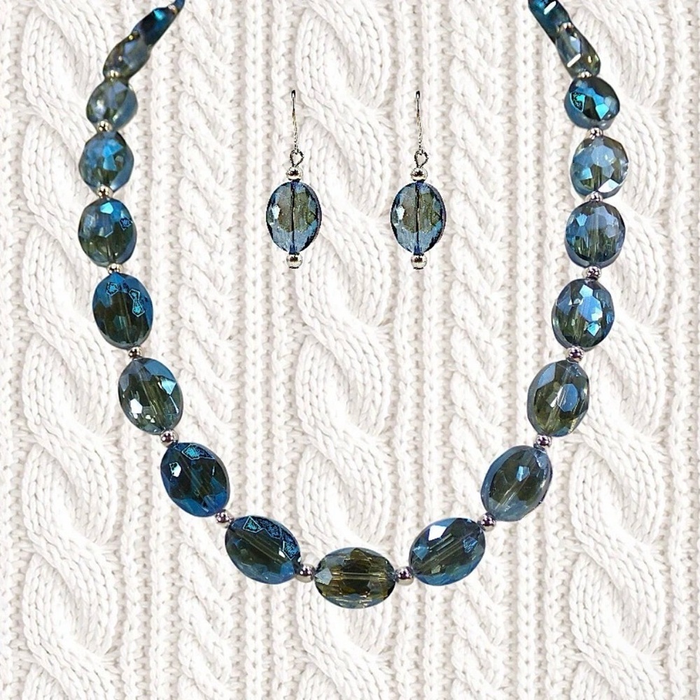 Blue glass bead necklace an earring set, with sparkling aurora borealis finish